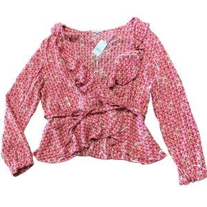 POUPETTE ST BARTH Blouse Sz S Elise floral pink Ruffled Wrap Top Long Sleeve